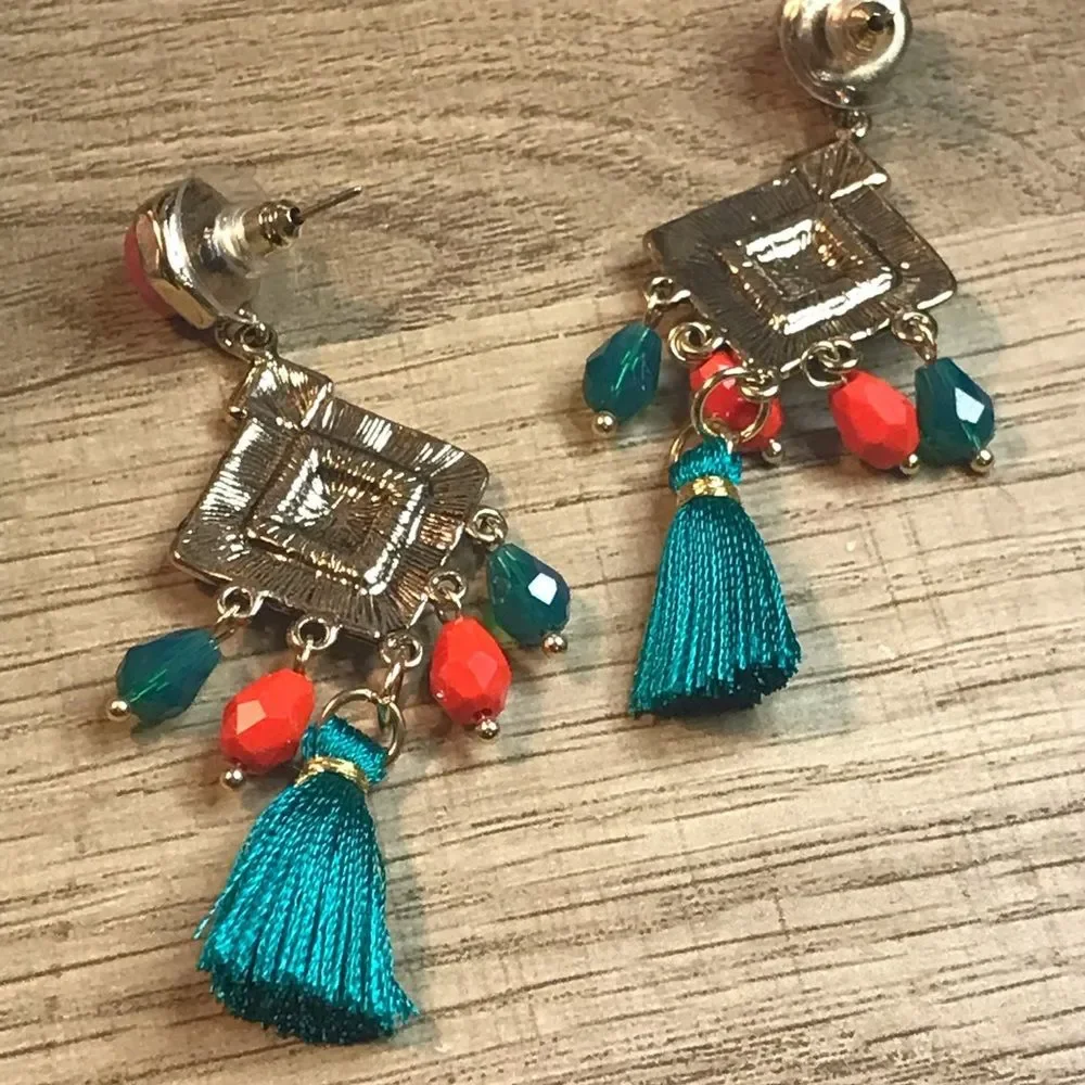 Colorful Diamond  Geometric Bead Tassel Dangle Earrings